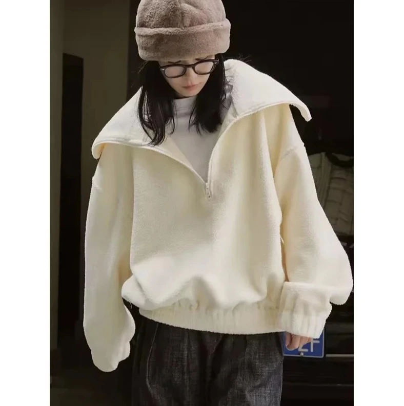 

Zipper Solid Warm Loose Casual Tops Fleece Sweatshirts Fall Winter Lazy Wind Women Loose Pullovers Chic