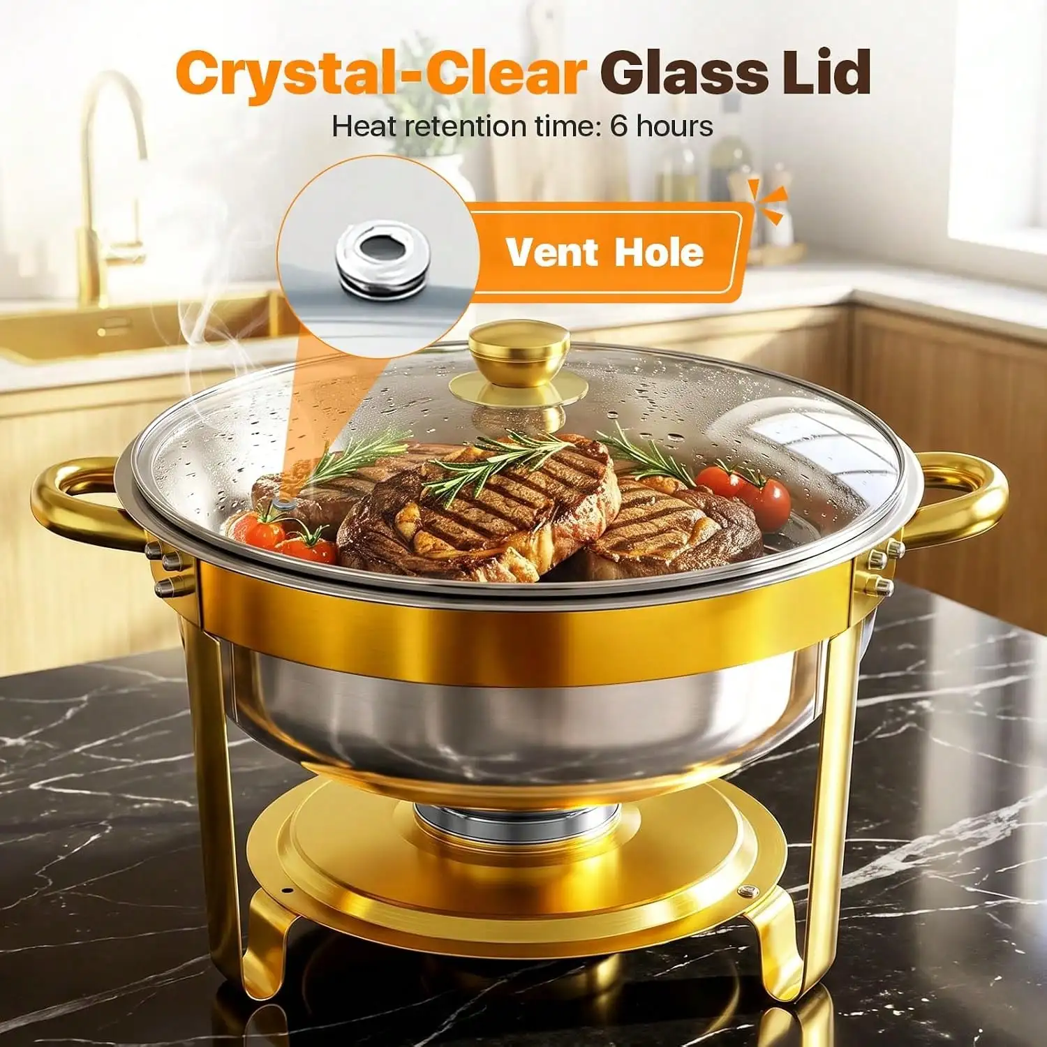 4 Pack Chafing Dish for Buffet, 6QT Gold Round Chafing Dish Set with Glass Lid, Stainless Steel Serving Tray, Water Pan, Stand, Fuel Holder, Food Warmer for Party, Gathering, Banquet, Wedding