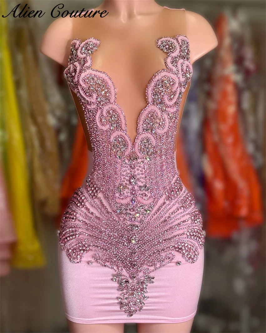 Sparkly Pink Prom Dresses Luxury For Black Girls 2024 Glitter Beading Crystal Rhinestones Birthday Party Dress Cocktail Gown