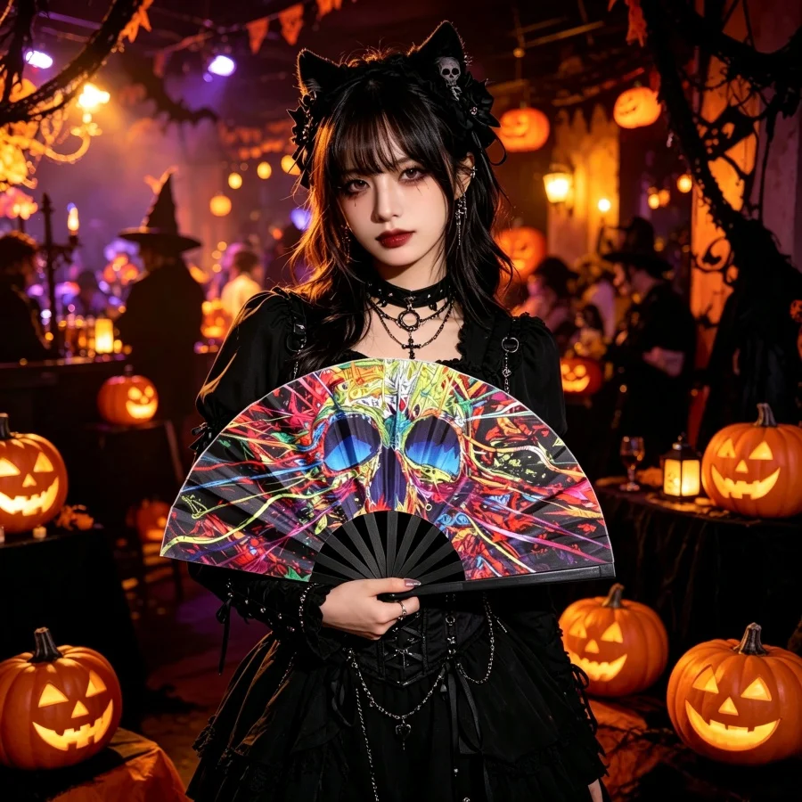 Halloween Skull Kung Fu Fan 33 cm - Black Plastic Bone Large Fan - Party Photography and Dance Props Folding Fan