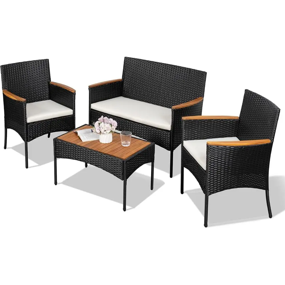 

Комплект садовой мебели из 4 предметов, плетеная мебель для патио с подушками и деревянной столешницей для террасы, газона или заднего двора