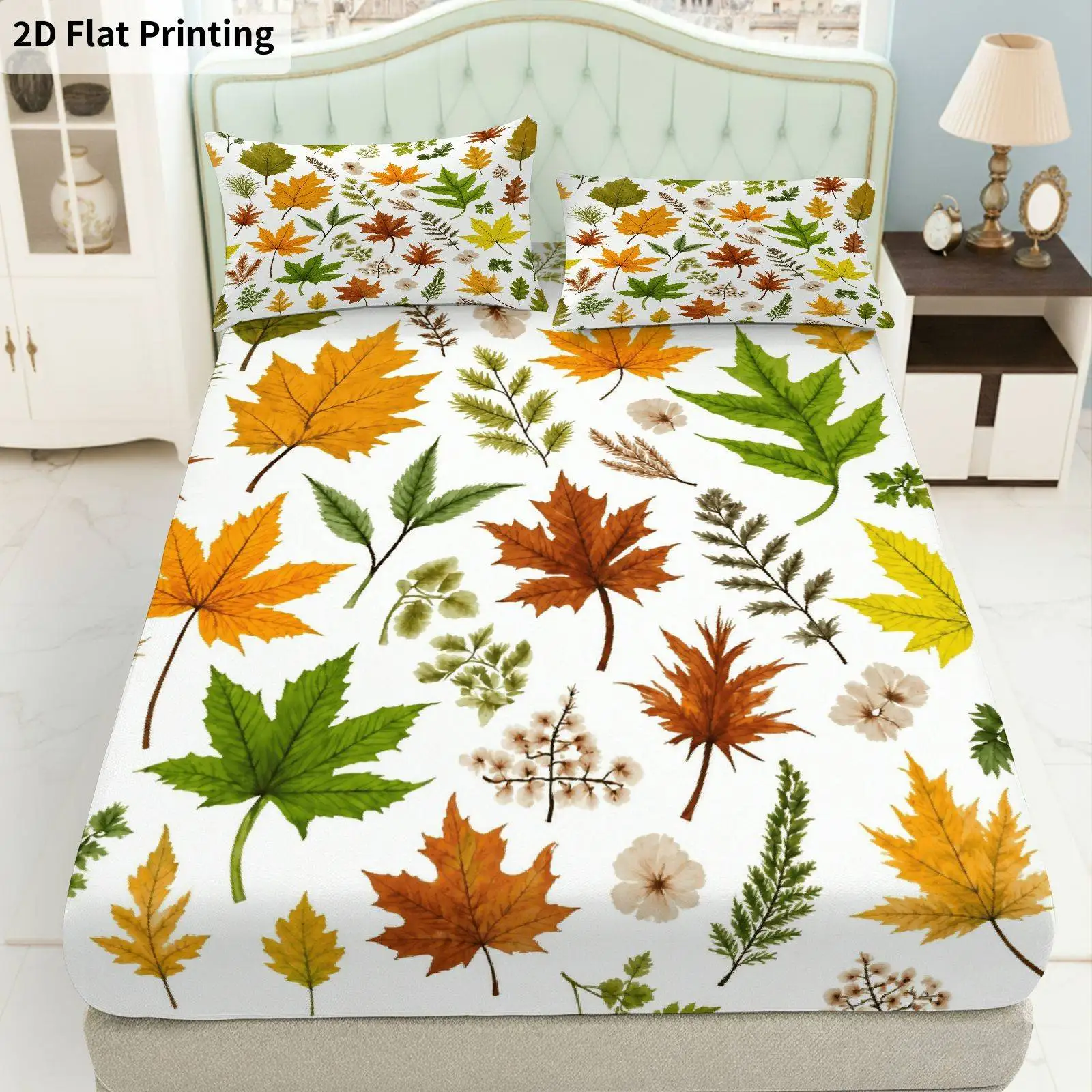 3-Piece Mattress Protector Set with 2D Flat Print of Autumn Leaves, Thanksgiving Theme, Bedding, Soft and Breathable Mattress Protector, Printed Fitted Sheet and Pillowcase, Mattress Cover, Stain-Resistant, Suitable for All Seasons, Machine Washable, Easy to Care For, Suitable for Home Bedroom, Essential for Dormitories and Rentals, Master Bedroom and Guest Room Decoration, Dust-Proof and Stain-Resistant, High Elasticity, Fits Various Sizes