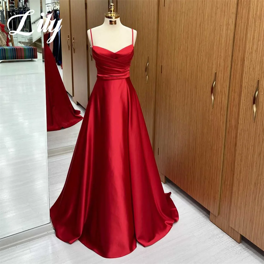 

Lily Simple Red V-Neck Prom Dresses Spaghetti Strap Sleeveless Evening Dresses Pleats Satin Party Dress A-Line Robe De Soirée