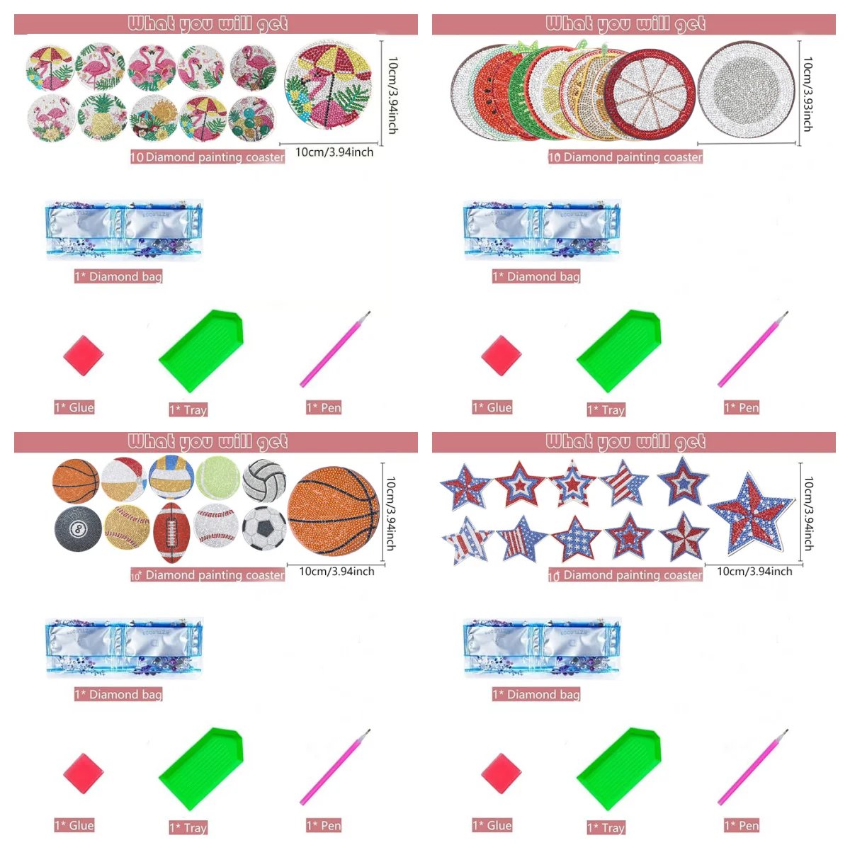 10 DIY diamond painting sets: Flamingo/Fruit/Ball/American Star pattern coasters, frameless wooden coasters, living room