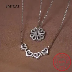 Trendy Magnetic Sterling Silver 925 Zircon Heart Four-leaf Clover Pendant Necklace Women Summer Fine Jewelry Birthday Gift