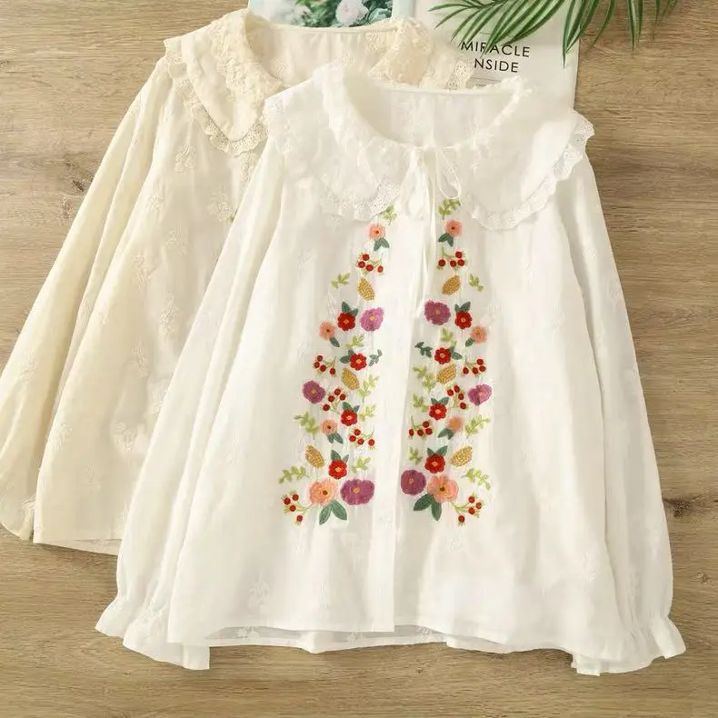 

2026 Одежда в стиле Мори-кэй: японские блузки и рубашки с кружевным воротником «Питер Пэн», цветочной вышивкой, белые и бежевые, в стиле Лолита, топы для принцесс