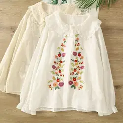 2026 Mori kei clothing Japanese style lace peter pan collar flower embroidered white beige shirts blouses lolita princess tops