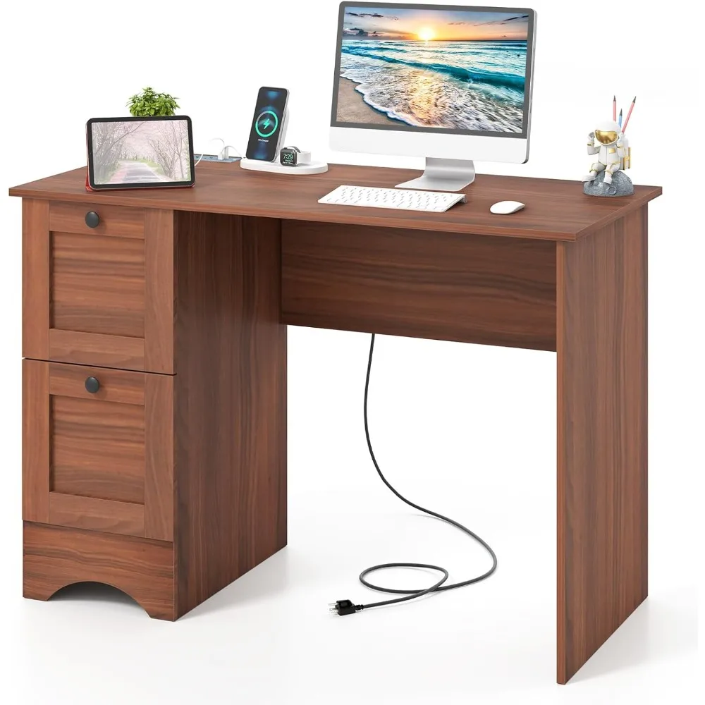 

Computer desk with 2 drawers, 43 inch wooden home office desk with charging station, compact study desk