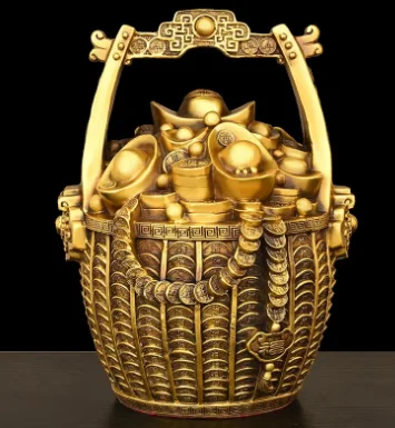Feng Shui Inviting Wealth Copper Bucket of Gold Ornaments Treasure Bowl Money Jar Yuanbao Ruyi Home Decor