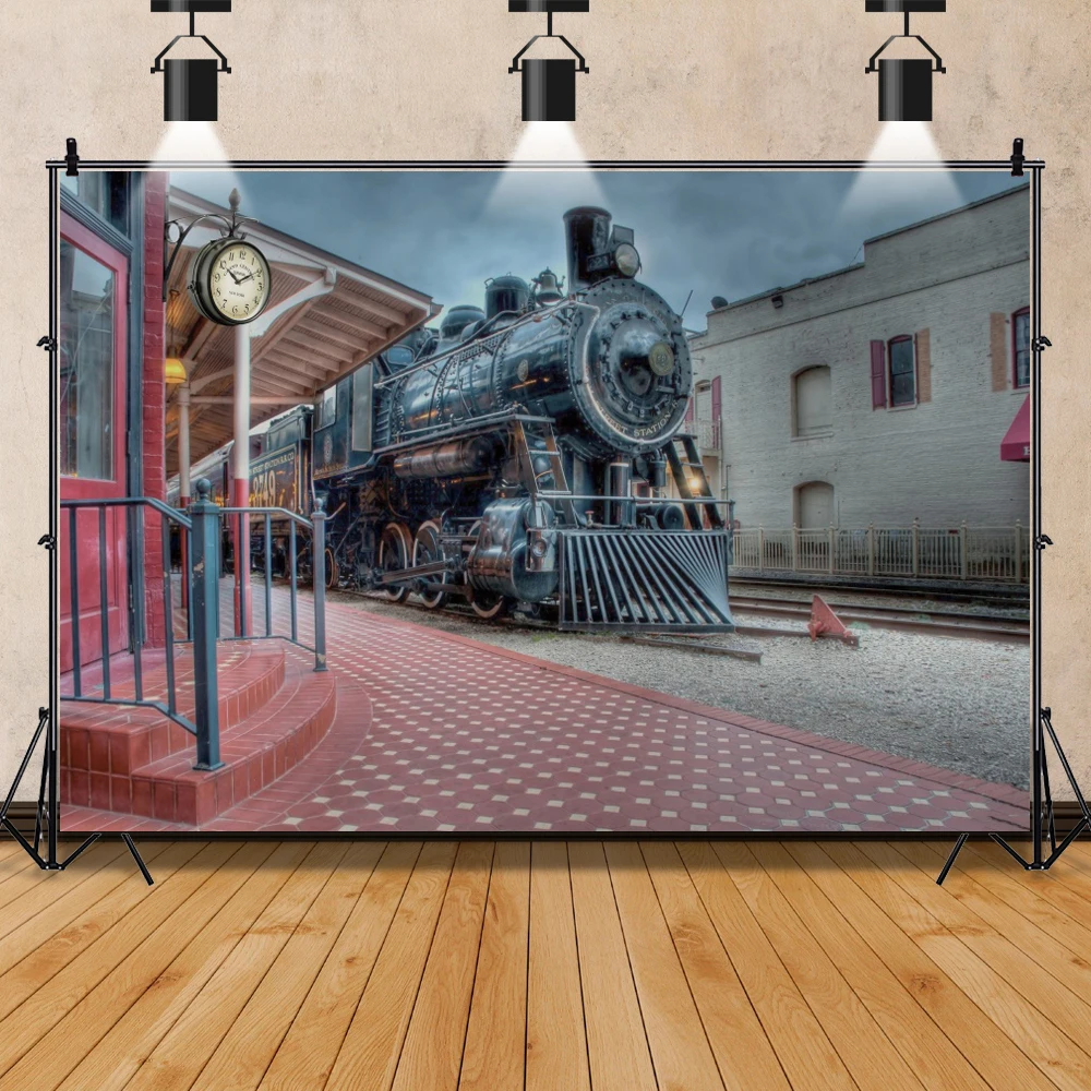 Laeacco Old Vintage Train Station Railway Clock Staircase Party Portrait Scenic Photo Background Photographic Backdrop Photocall