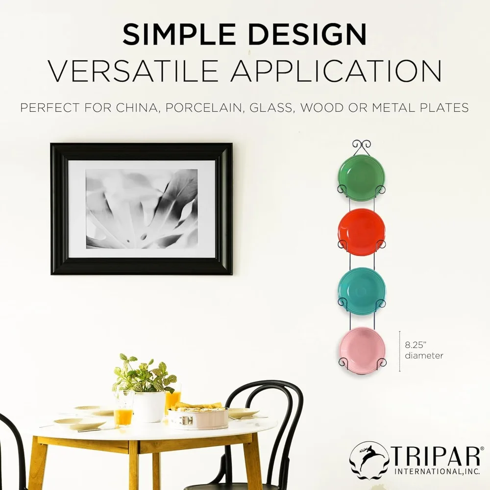 Vertical Wall Plate Rack 4-Tier Black Display Stand - Durable Metal for Kitchen Decor & Artwork