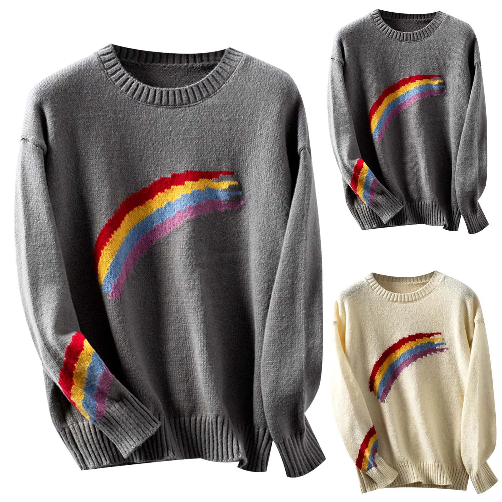 

New 2024 Rainbow Striped Printed O-Neck Pullovers Women Fall Winter Cloth Casual Loose Warm Long Sleeve Knit Sweater