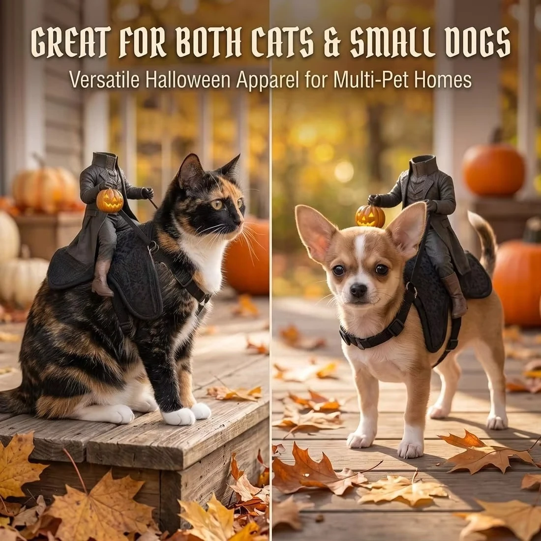 Kostüm für Katzen im Stil des Kopflosen Reiters – lustige 3D-Katzen-Halloween-Kostüme, verstellbarer Sattel mit Riemen, passend für kleine Hunde, ideal für Halloween-Partys. – Detail 3