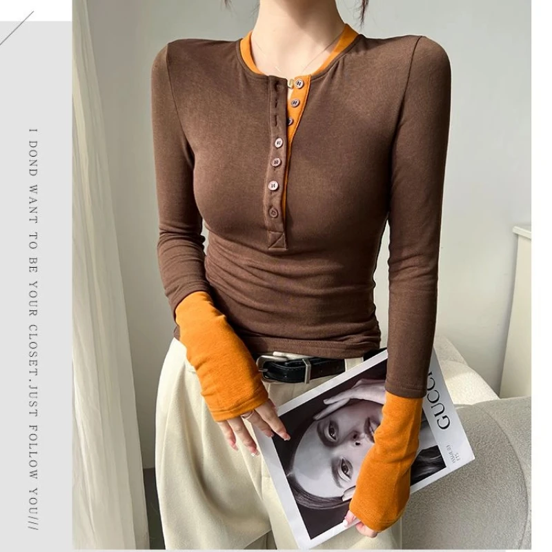 

Long Sleeve Contrast Button Patchwork Slim High Street Tops Spring Autumn Fake Two Pieces Fashion T Shirts Casual Women Clothing