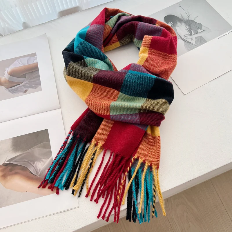 

Korean Version New Couple Plaid Scarf Autumn Winter Imitation Cashmere Color Block Warm Shawl Windproof Thickened Neck