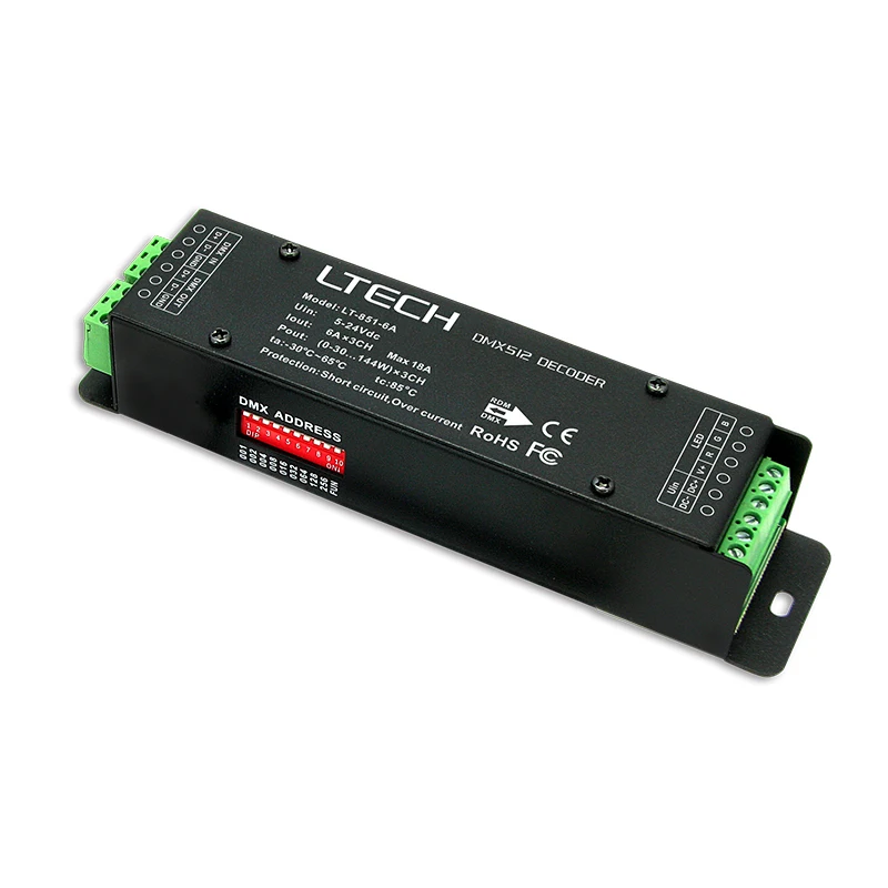 LTECH Led DMX Decoder 6A*3CH DC 12V-24V 3 Channel 18A Output LED RGB Strip Light DMX512 Slave Constant Voltage D3-F