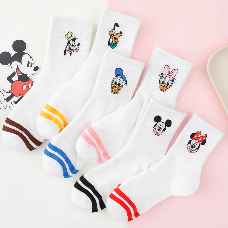 6 Paar koreanische modische Cartoon-Disney-Baumwollsocken für Damen, lustige und niedliche Anime-Paar-Socken mit Streifenmuster