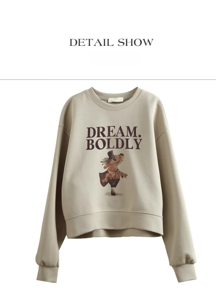 OLrain 아메리칸 2025 가을 스웨트셔츠 레트로 프린팅 O넥 여성 풀오버 신상 소형 니트 여성 상의 O24CR89002