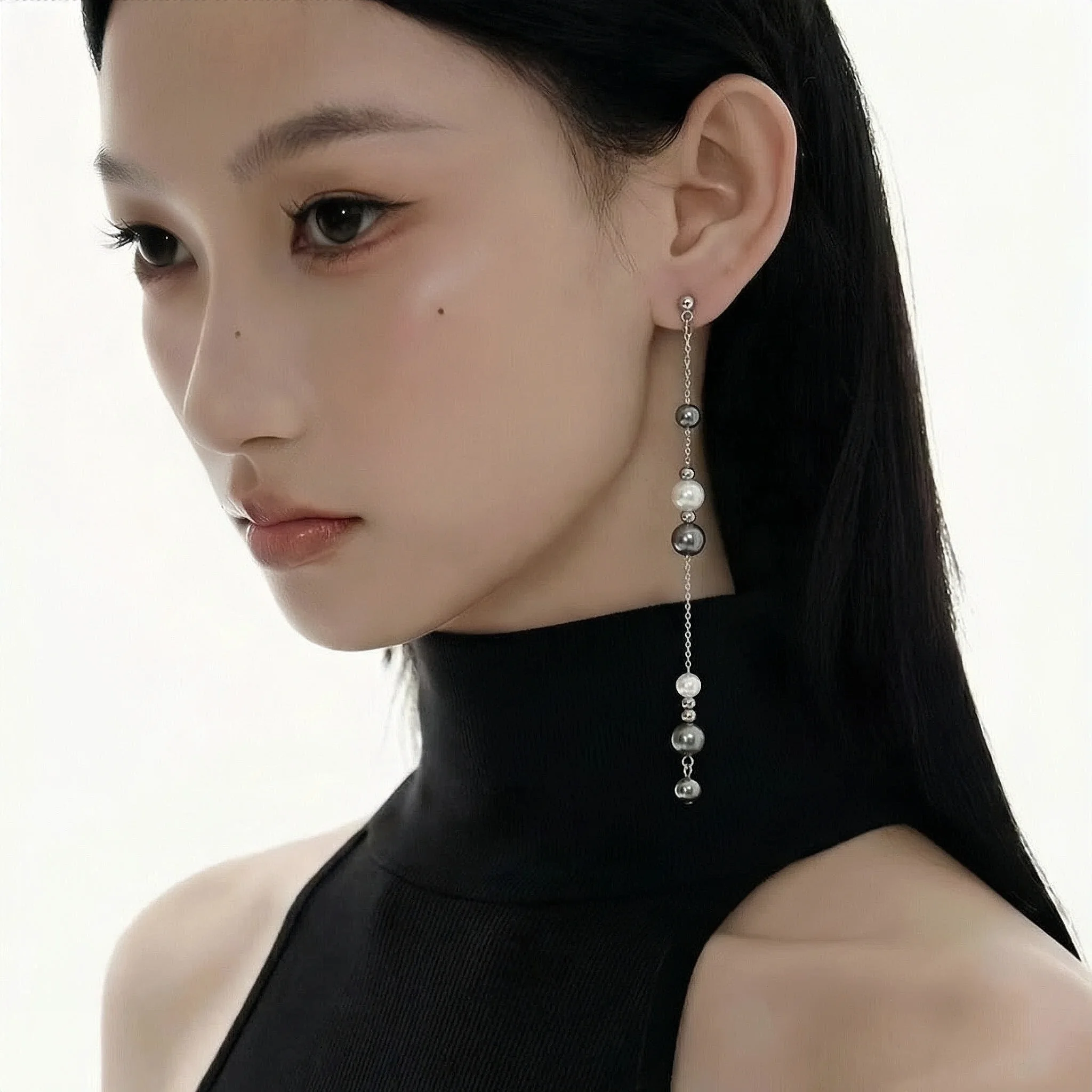 Y2k Vintage Kpop Grey Pearl Long Style Stainless Steel  Earrings  Aesthetic Emo Long Tassel Chain Earrings for Women Jewelry