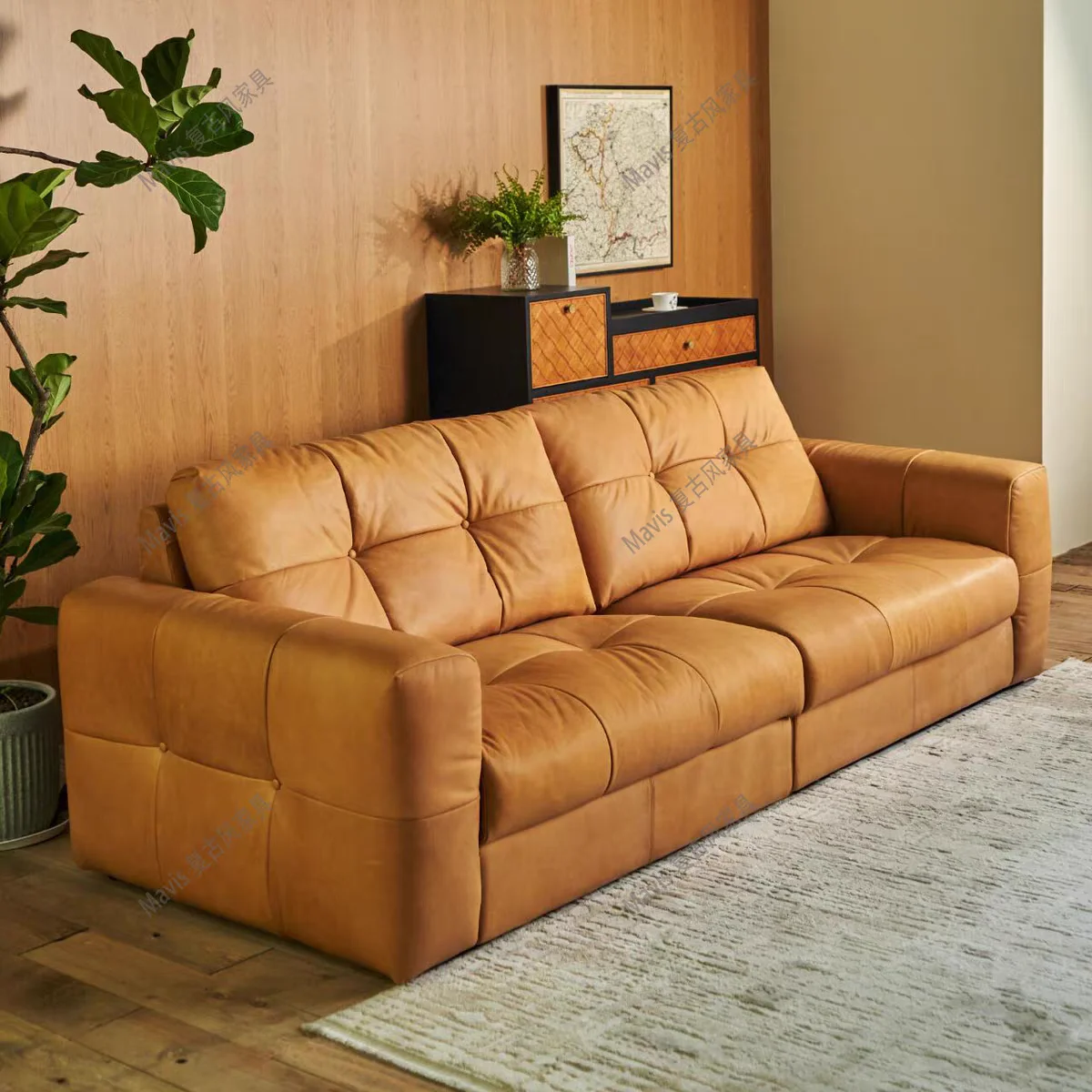 American-style vintage oil-wax leather straight-row sofa, whiskey bar multi-seater sofa, mid-century style starry sky sofa