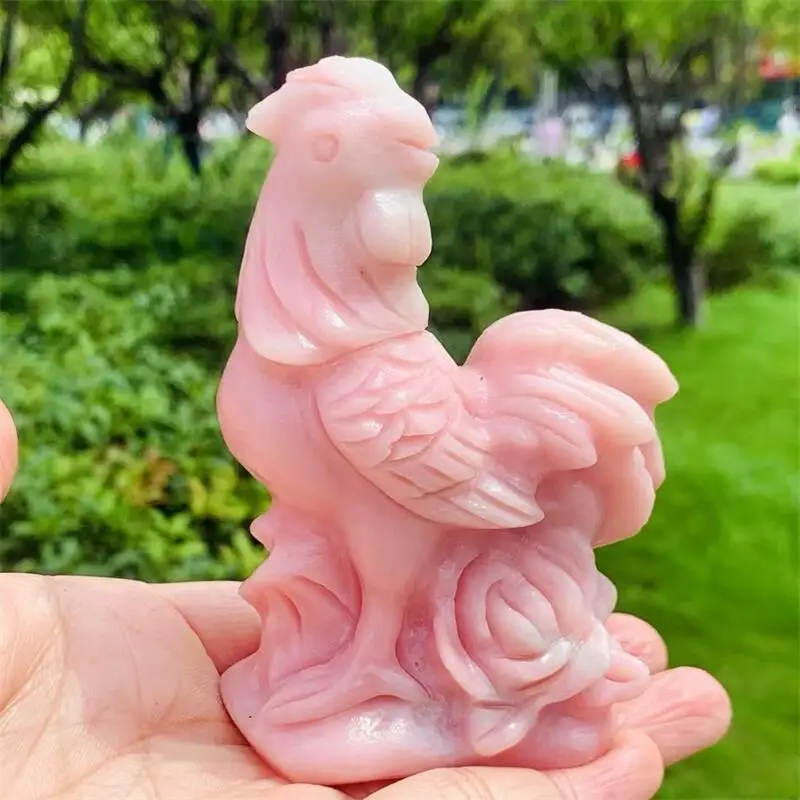 Natural Pink Opal Cock Carving Statue Carved Crafts Animal Polished Healing Figurine Home Ornament DIY Gift 1PCS