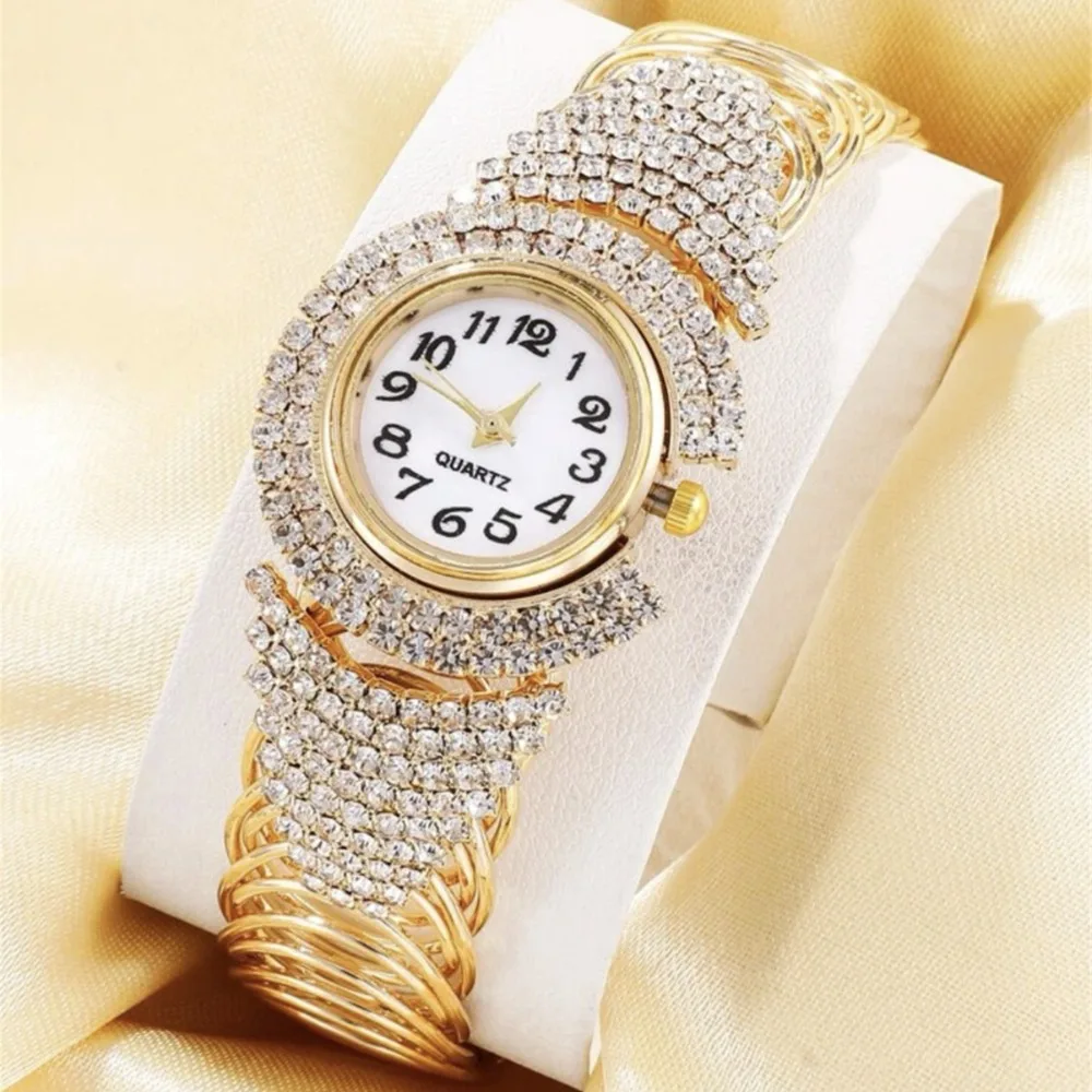 Fashion Vintage Crystal Watches Elegant Hand Jewelry Quartz Zircon Wrist Watch Clock Open Bangle Watches Women