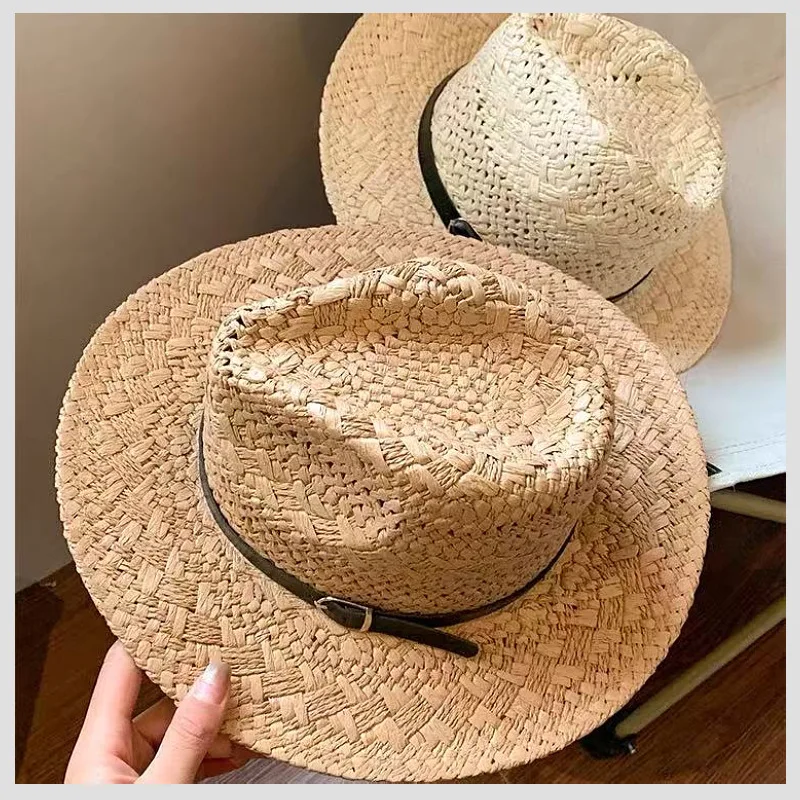 2026 Panama-Style Straw Hat Wide-brimmed Sun Hat Beach Vacation Striped Sun Hats Straw Hat with A Belt Role-playing Party