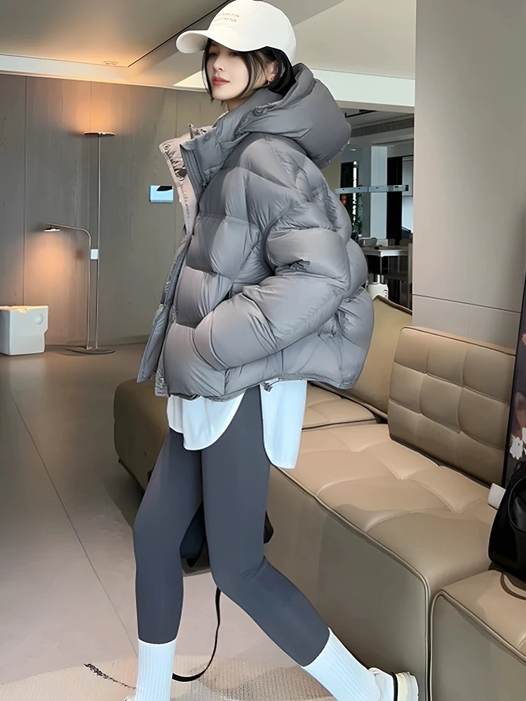 

Faionable ort Puff Sve Bread Sle Jaet Women's Loose Fit Warm Hooded down Cotton Coat Korean Sle Commute Wear