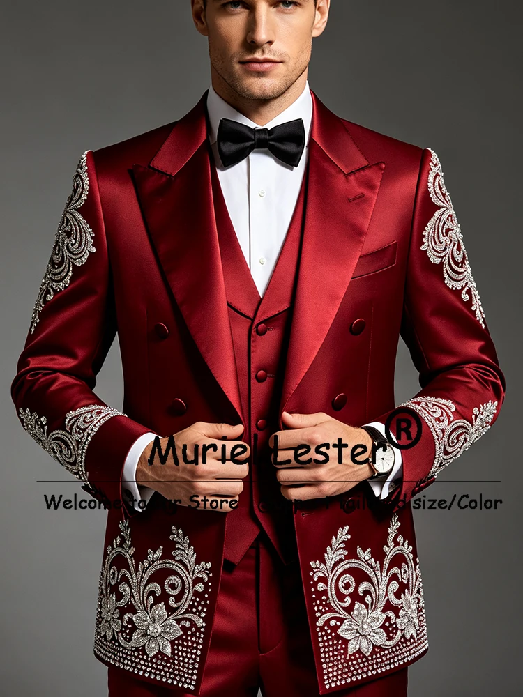 Luxury Groom Wedding Suit For Man Sparkly Crystals Beading Stones Jacket Vest Pants 3 Piece Sets Banquet Man Tuxedo Ropa Hombre