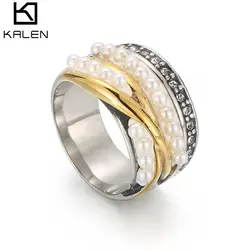 KALEN Multilayer Vintage Party Ring Stainless Steel With Pearls Paved Setting Rings Zircon Ring For Women Mixed Color Jewelry