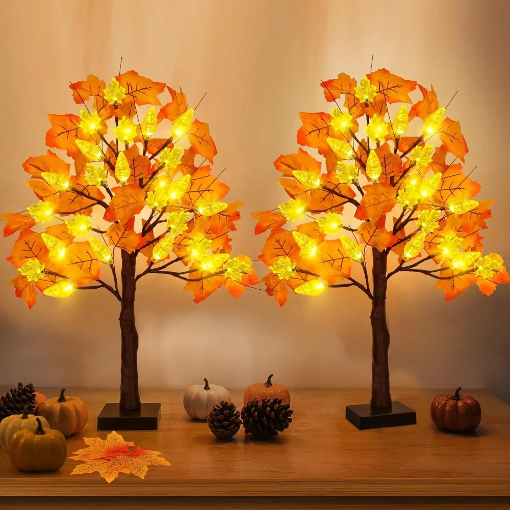 

2-piece Set of 24 Inch Pre Installed Autumn Maple Thanksgiving Decorations with 48 LED Lights and Battery Powered Timer