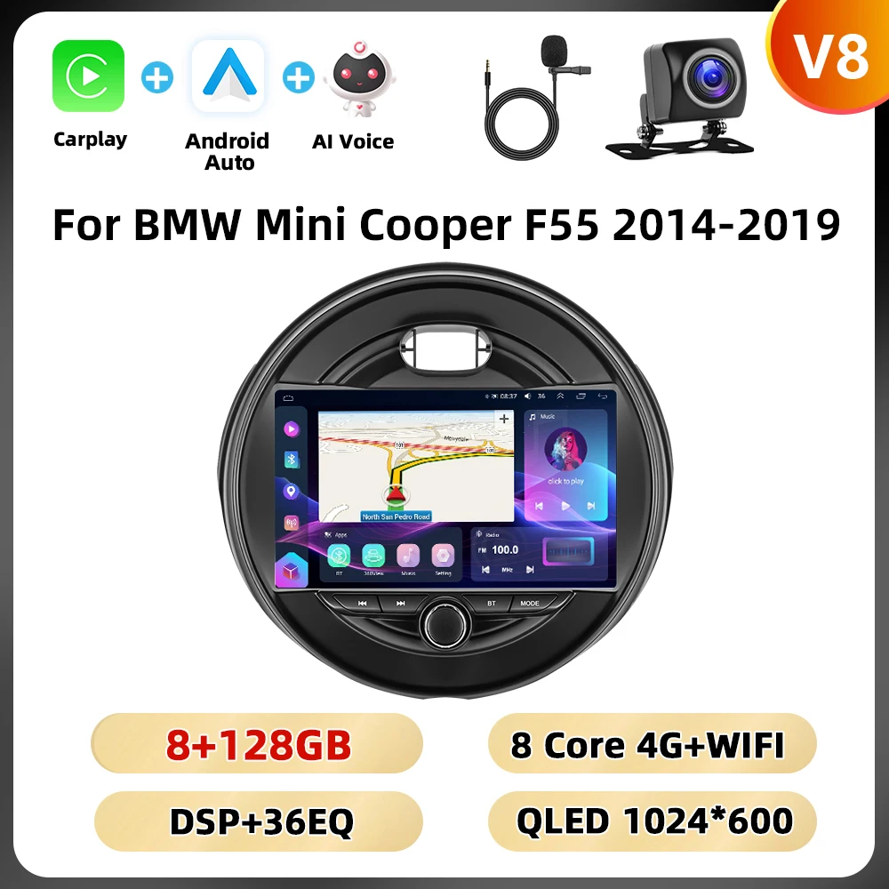 Podofo 8Core WIFI 4G Auto Audio Voor BMW Mini Cooper F55 2014-2019 Navigatie Carplay Android Auto AI Voice Spiegel Link Auto Stereo