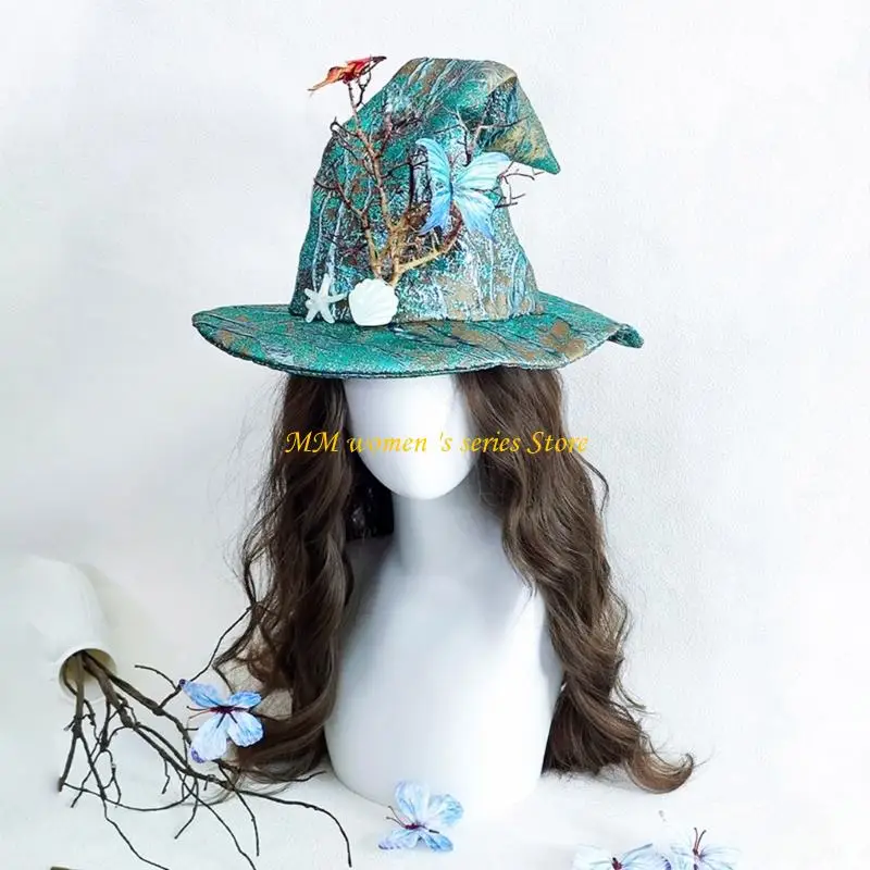 Q39C Mysterious Butterfly Embellished Witch Hat Lightweight Polyester Construction Universal Adult Headwear For Festivities