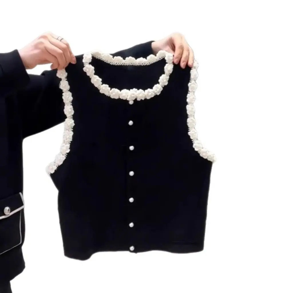 

Женский черный вязаный крючком трикотаж с жемчугом, декоративный жилет на пуговицах, топ без рукавов с круглым вырезом, летняя верхняя одежда во французском стиле