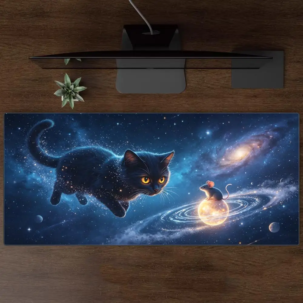 Aesthetic Space Scene Large Desk Mat Cute Black Cat Mouse Glowing Planet Starry Sky Gaming Mousepad for Laptop PC Decor