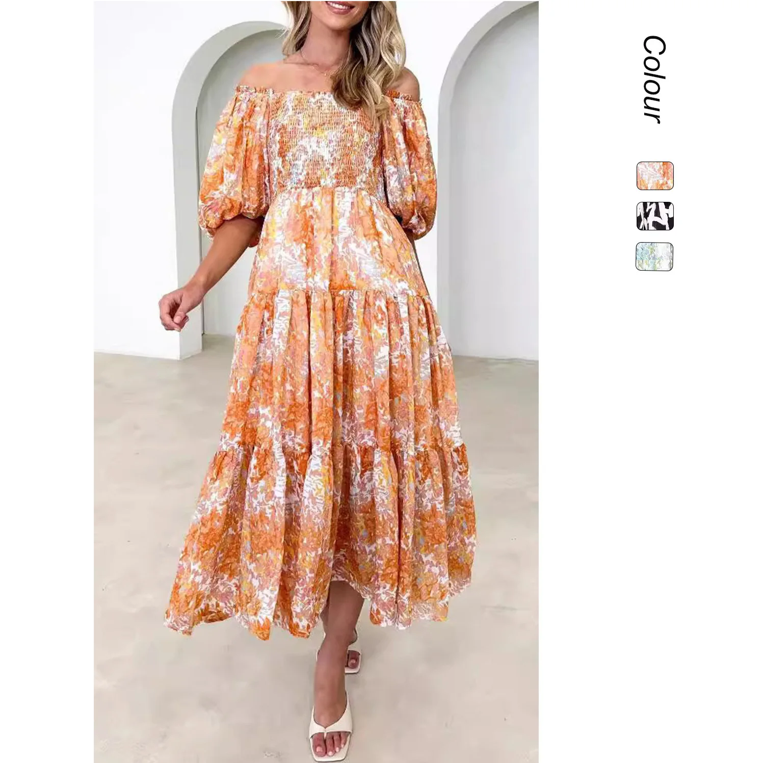 فستان كعكة فرنسي مطبوع بأكمام منتفخة لصيف 2025 - 88109