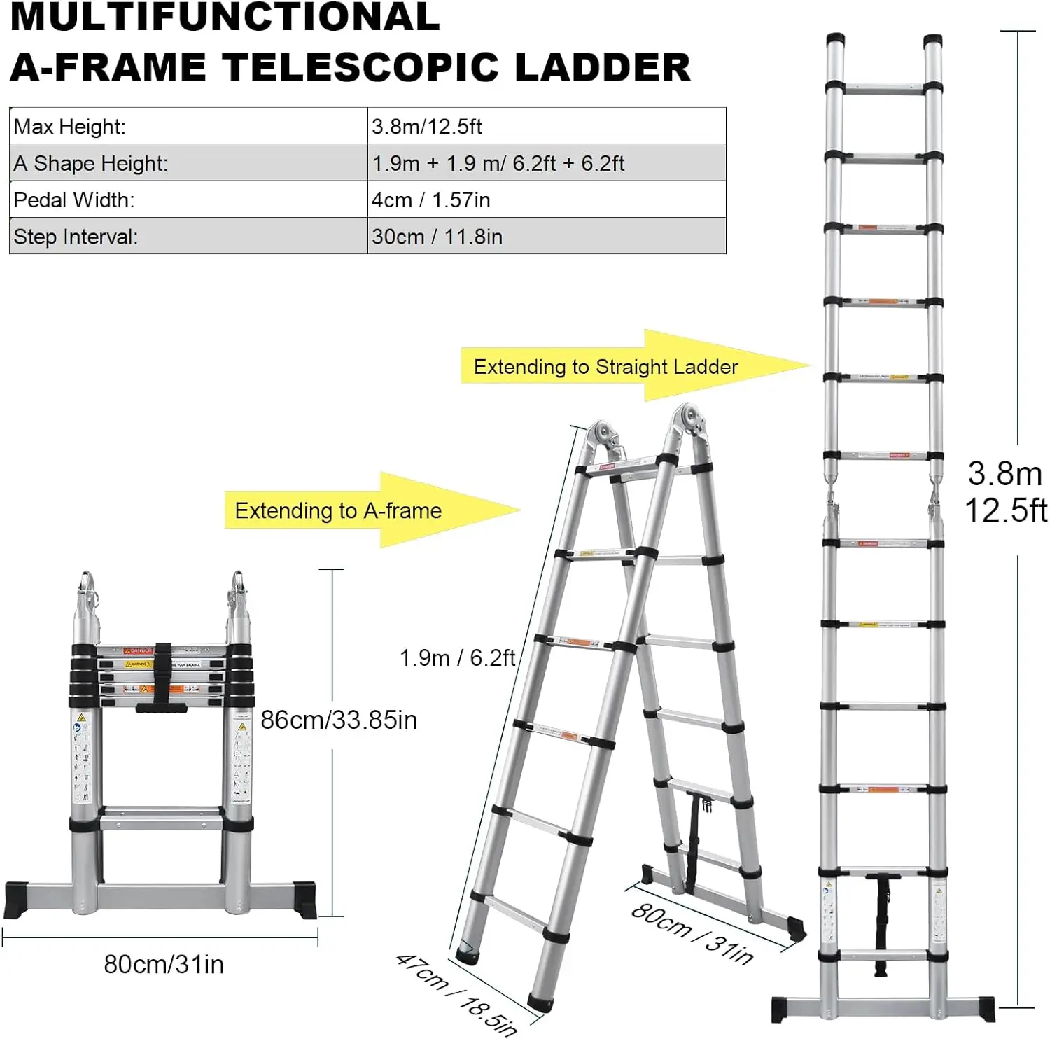 Aluminum Telescoping Extension Ladder 330lbs Capacity Type A Lightweight Portable Multi-Purpose Folding with Support Bar