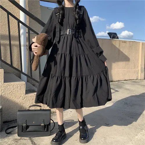 Kawayi-vestido Midi japonés Harajuku para mujer, traje de estilo gótico, tirantes, vendaje, Vintage, volantes, largo, holgado, Cosplay