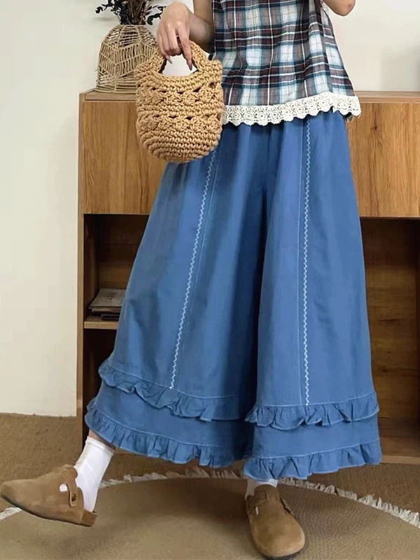 Ele Embroidered Cotton Linen Wide Leg Pants High Waist Nine Points Loose Fit Casual Trousers for Women Summer 2025