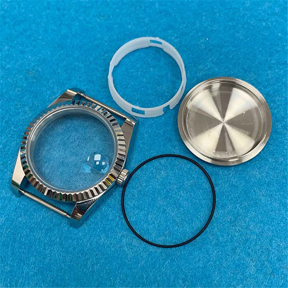 36mm Stainless Steel Watch Case For 8215 2813 8205 8200 Movement Fluted Bezel Mineral Glass Mirror Case Watch Parts