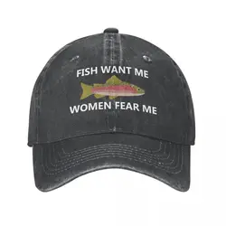 Fish Want Me Women Fear Me Unisex Style Baseball Caps Distressed Washed Caps Hat Vintage Outdoor Workouts Snapback Hat