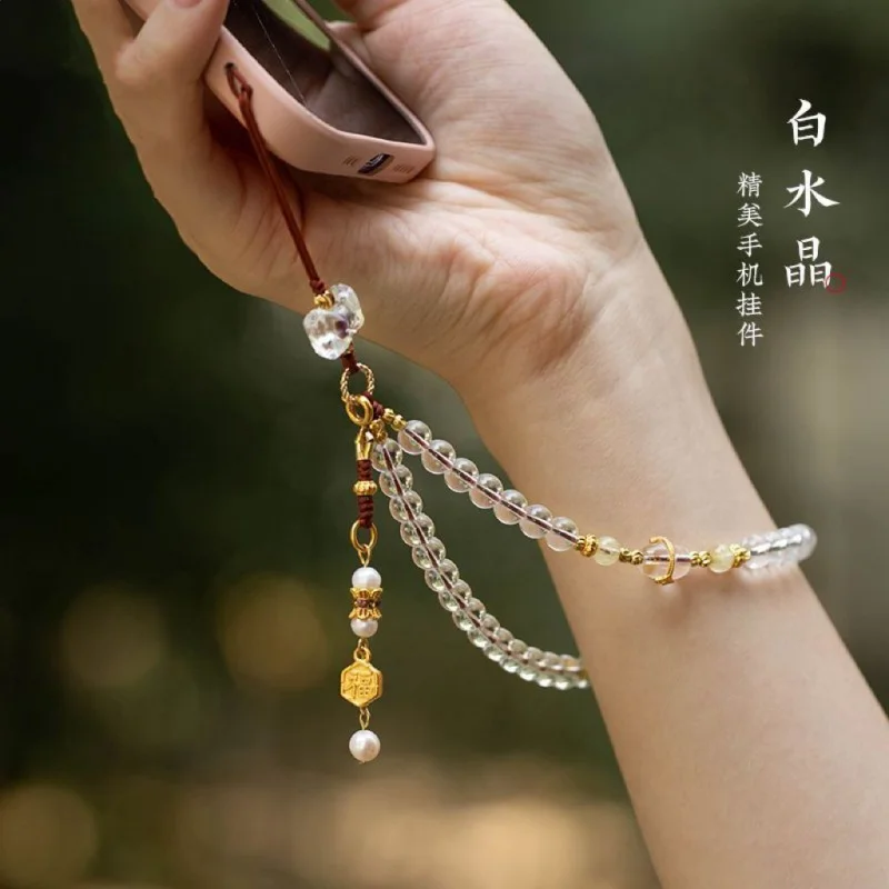 

Natural White Crystal Mobile Phone Charm Short Pendant Artistic Chinese Style Lanyard Exquisite Mobile Phone Lanyard Wrist Femal