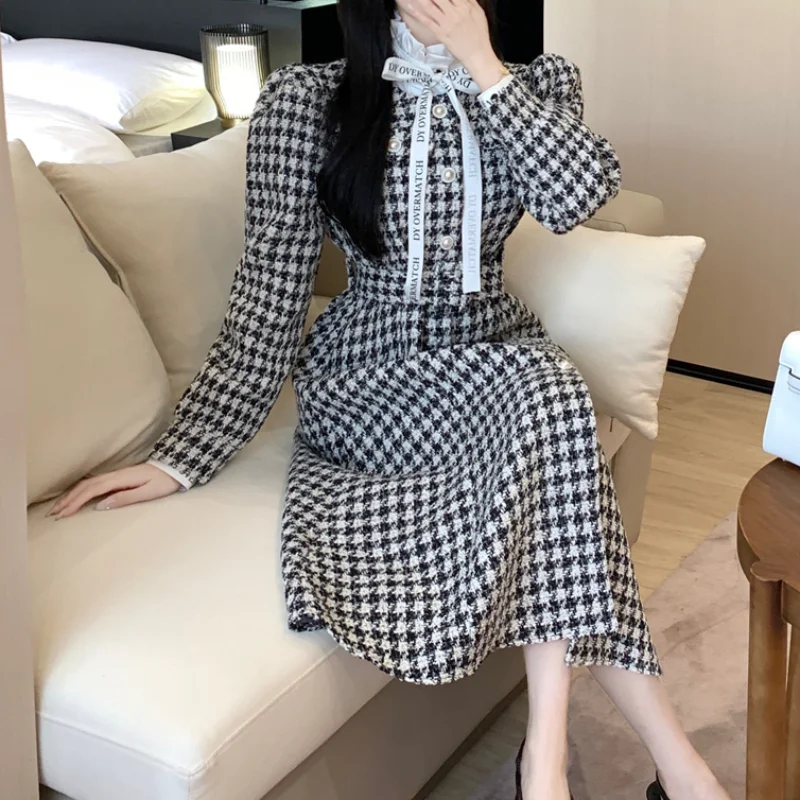 Kleine Geurige Houndstooth Vintage Tweed Dress Strik Single-Breasted Puff Lange Mouwen Slanke Franse Elegante Wollen Vrouwen Lange Jurk