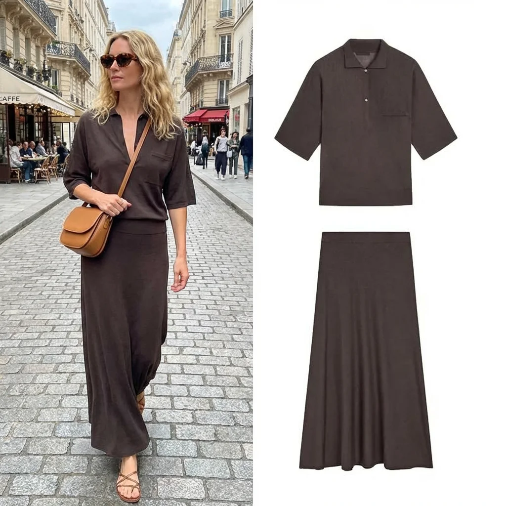 

Summer Women's Retro Style Lightweight Short Sleeve Shirt And Midi Skirt Wide Hem Two-Piece Set Fashionable Outfit