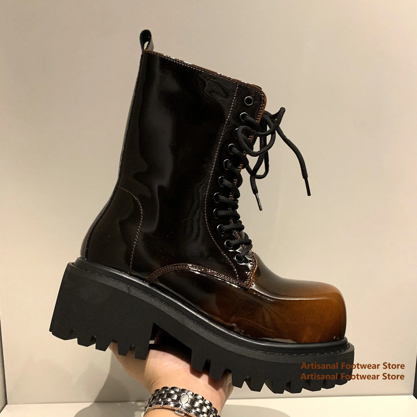 Chelsea Boots Men - Gradient Brown Patent Leather Boots Round