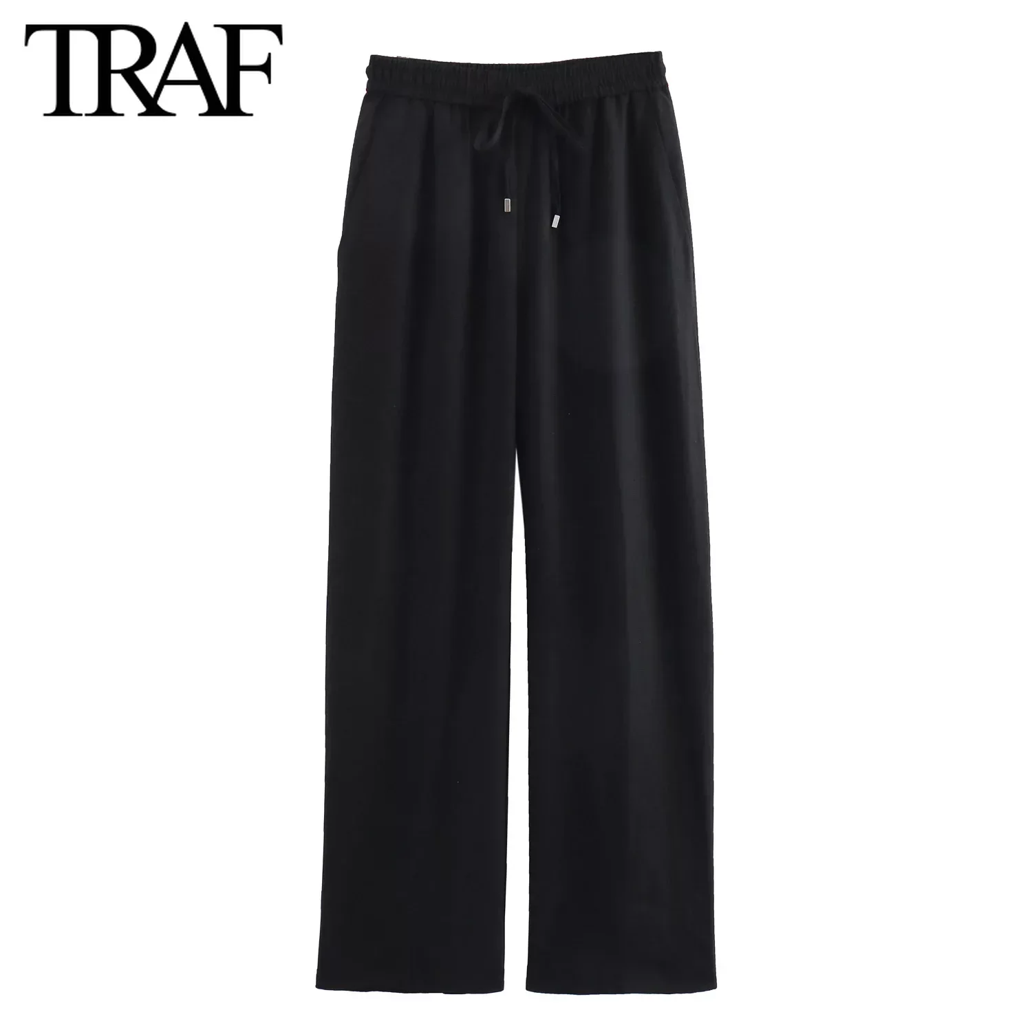 TRAF Women Fashion Spring Summer Lace-up Linen Blended Straight Pants Pocket Office Lady Chic High Waist Trousers Mujer