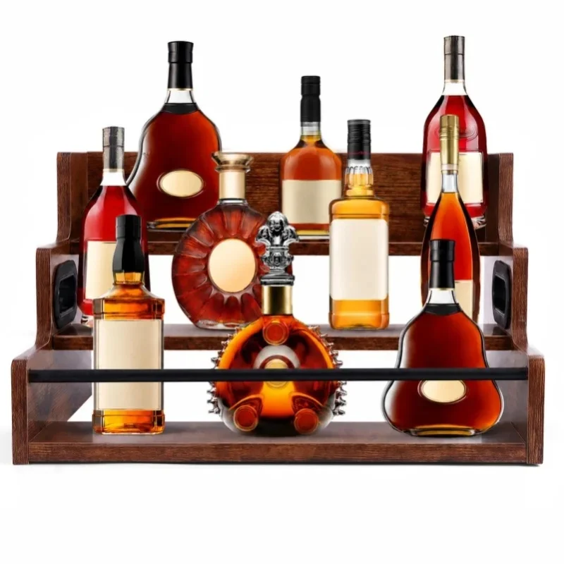 Flaschenregal für Spirituosen, Kaffee-Sirup-Organizer, 3-stufiges Theken-Getränkeregal, Mini-Bar, Spirituosenschrank, Retro-Barregal für Spirituosen, Whiskey, Liköre