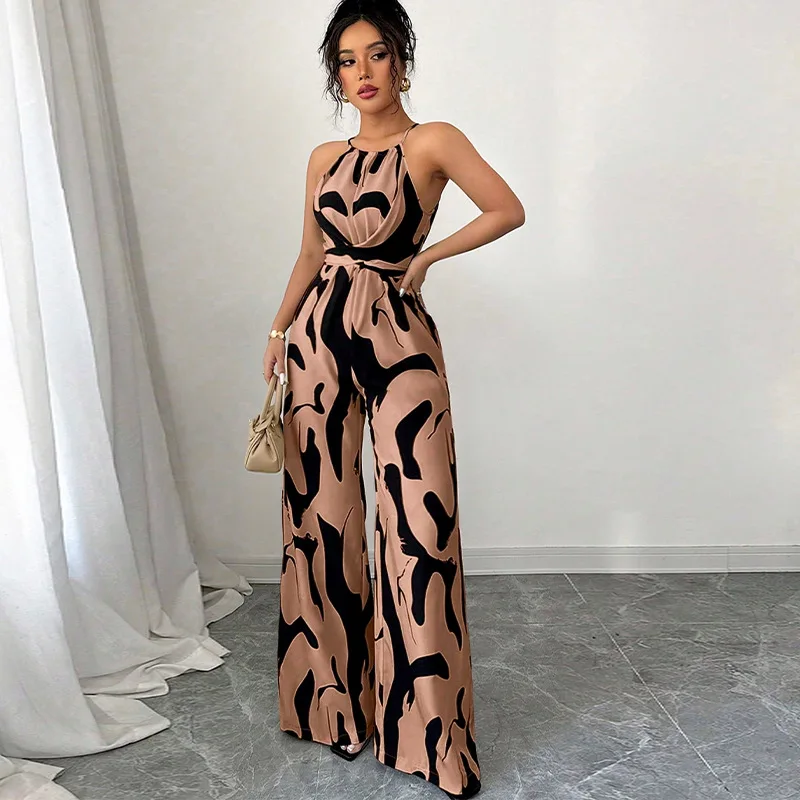 여성용 바디수트 서스펜더 점프수트 2026 여름 밀크 패턴 스트랩 홀터넥 점프수트 여성용 섹시 의류 점프수트