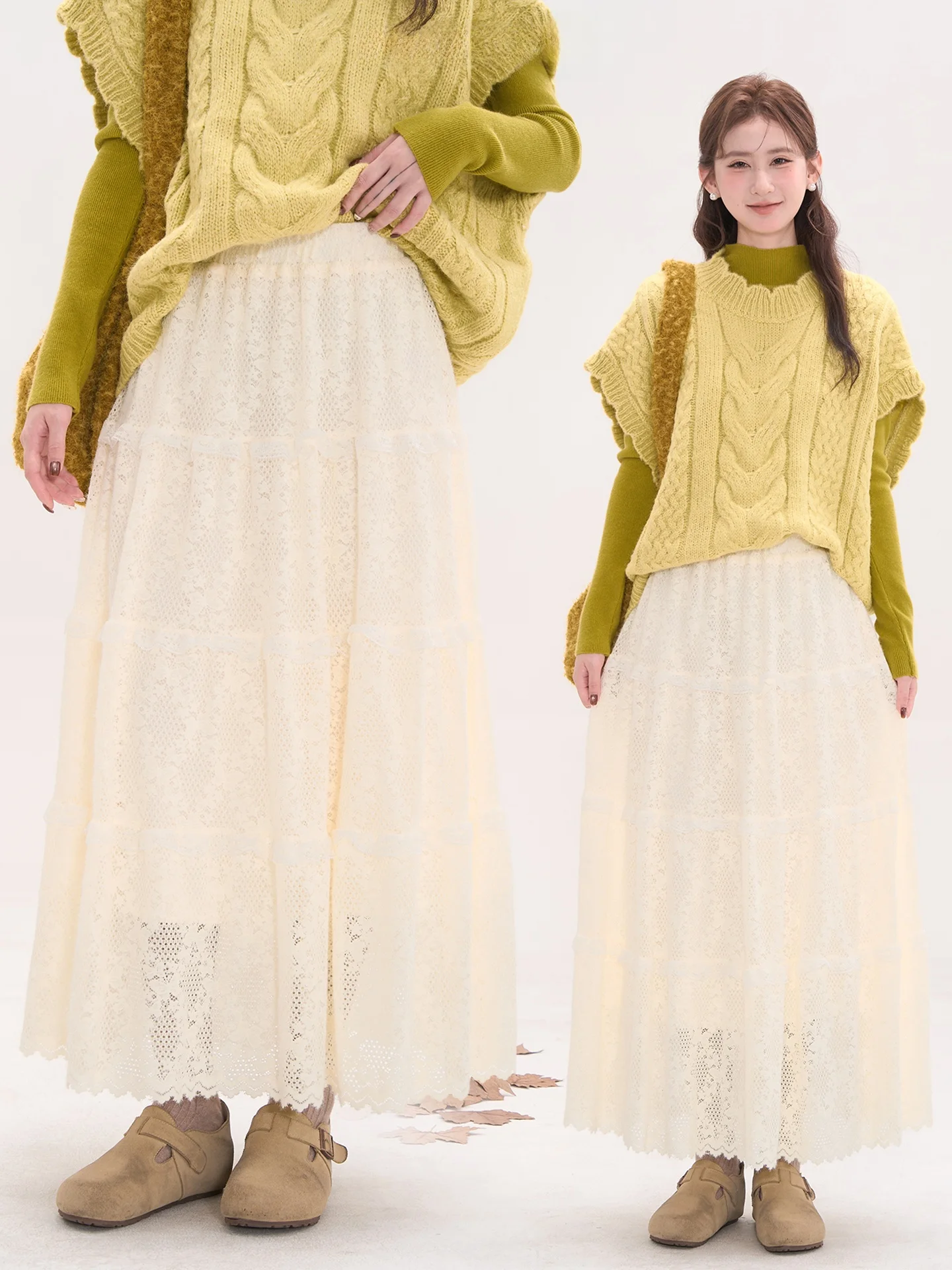 Heme Winter Lace Long Skirt Women's Ele Fce f-length Cake Skirt High Waist Nylon Korean Sle Tourist Scene