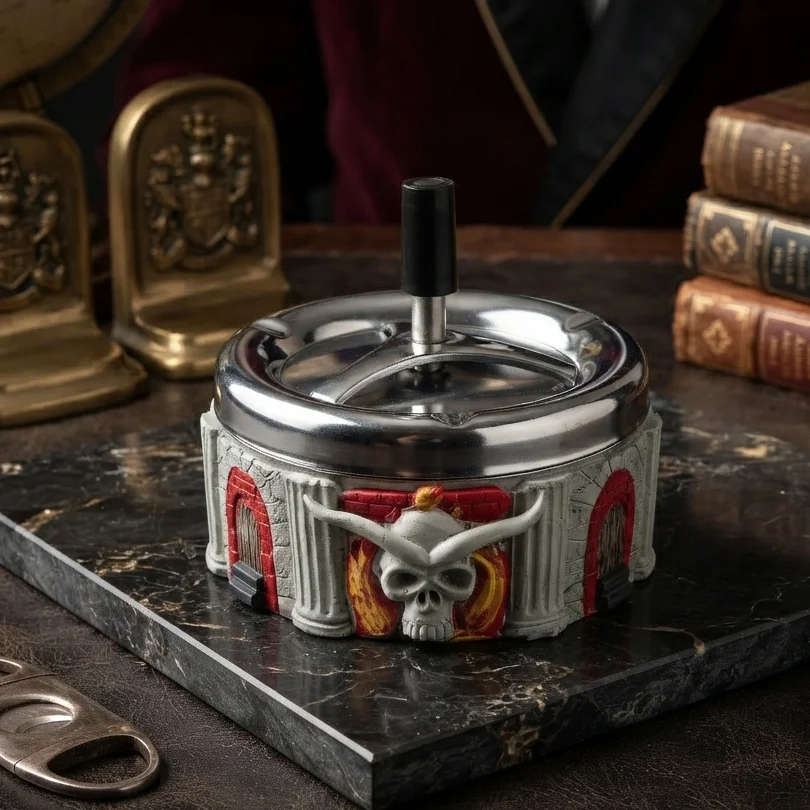 Spinning Ashtray with Lid Windproof Push Button Self Cleaning Smoking Accessory for Home Office Desk Decor